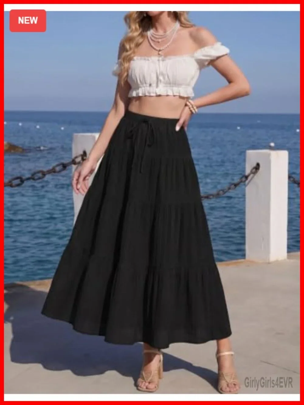 Womens Flowy Boho Ruffle Tiered High Waisted Maxi Skirt Long